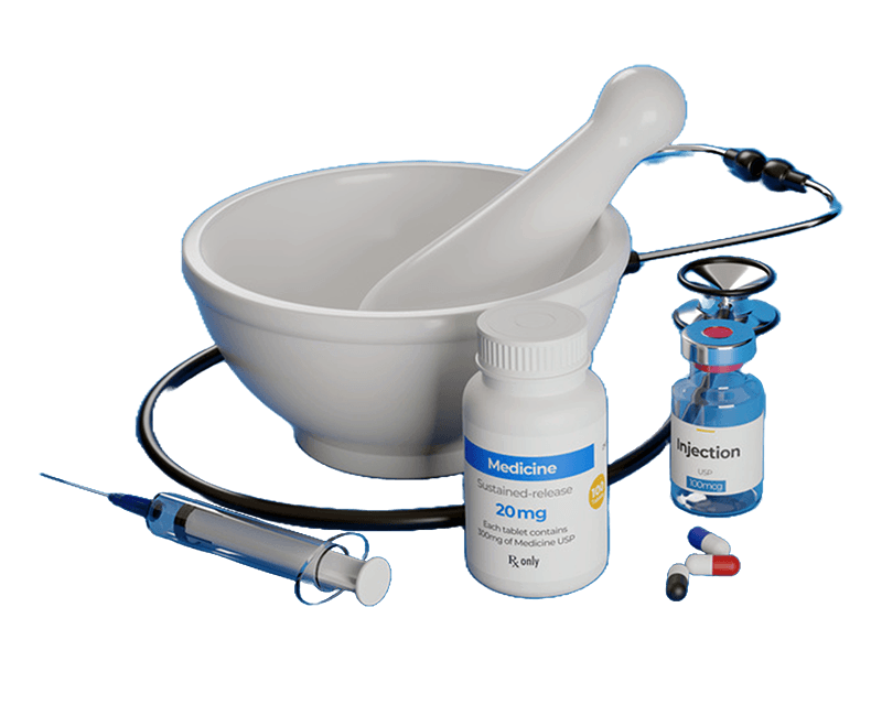 Mortar, Pestle, Medicine Bottle, Pills, Syringe, and Stethoscope